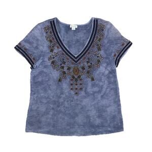 Sundance Blue Cotton Embroidered Women’s Short Sleeve V-neck Shirt L Boho Floral